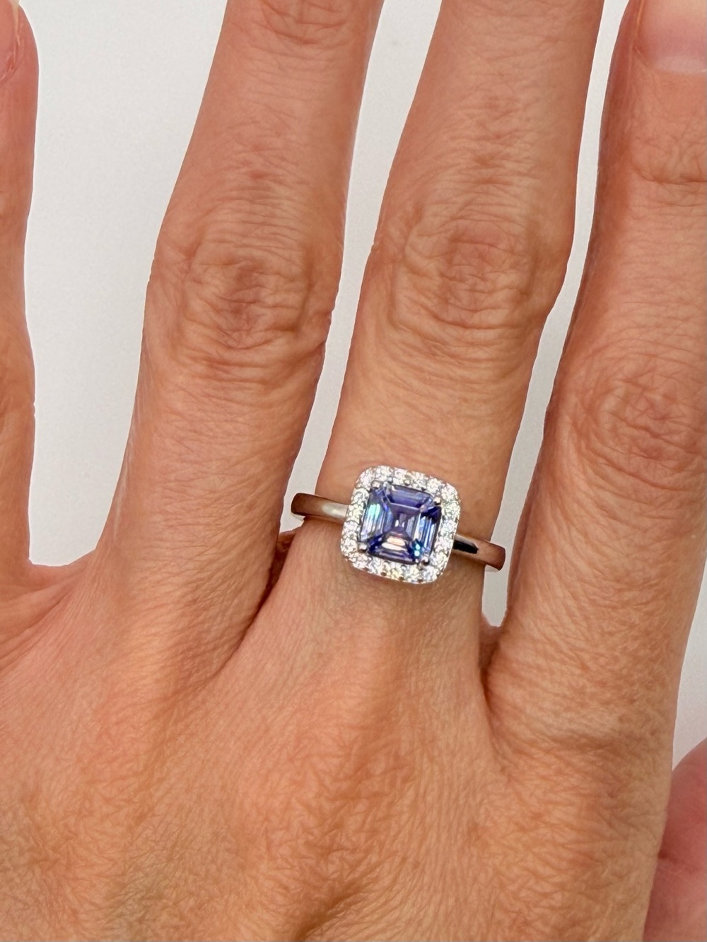 NWT Sterling Silver Tanzanite CZ Asscher Halo Ring Size 6